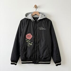 Primitive Skateboarding Mens Small Black Hooded Varsity Jacket Rose Embroidery